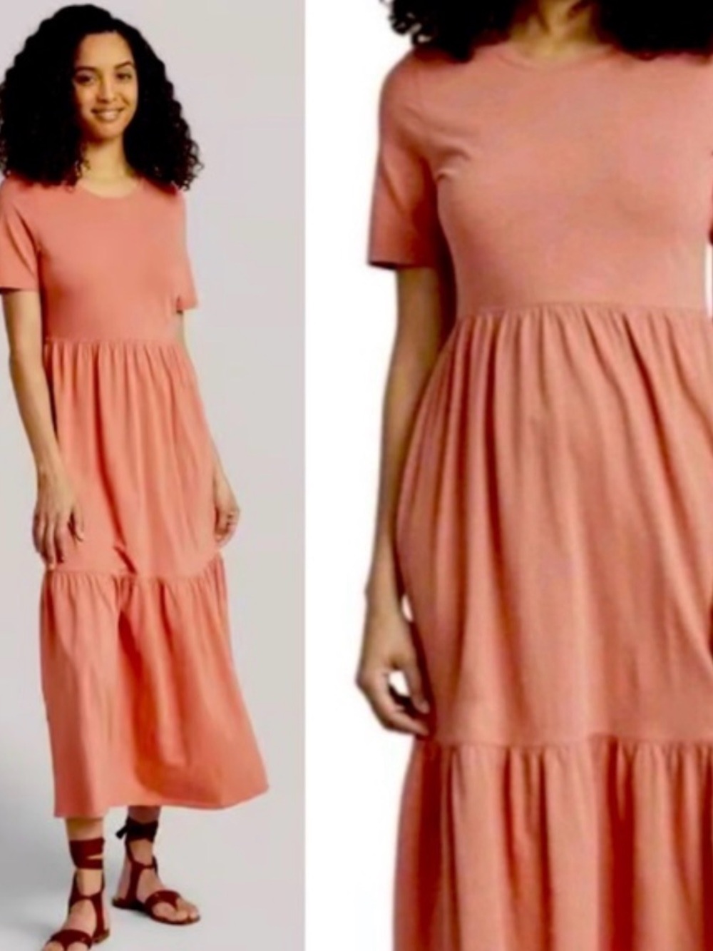 Faherty‎ Branson Midi Dress In Desert Sand Short Sleeve Tiered Crewneck SZ XS